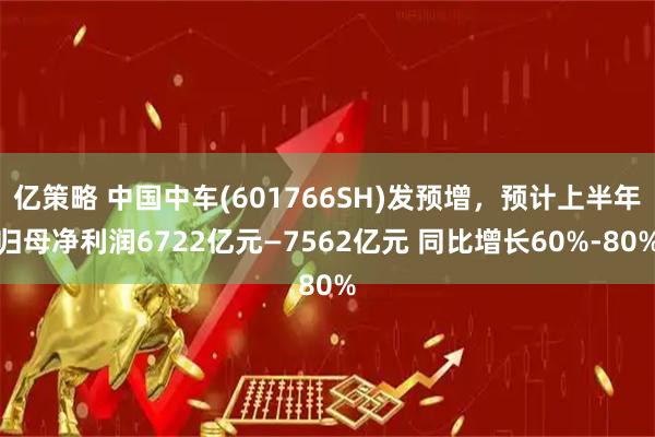 亿策略 中国中车(601766SH)发预增，预计上半年归母净利润6722亿元—7562亿元 同比增长60%-80%